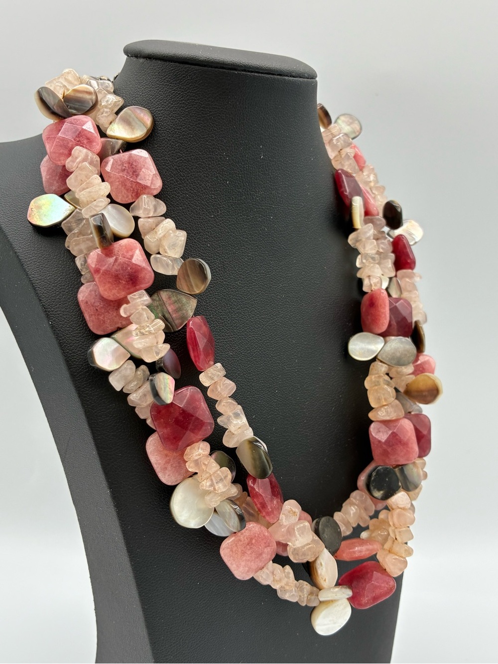 Faceted Pink Quartz Multi-Strand Statement Necklace 16”